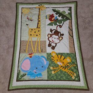 Fisher Price Baby Blanket Comforter Rainforest Giraffe Tiger Monkey Elephant